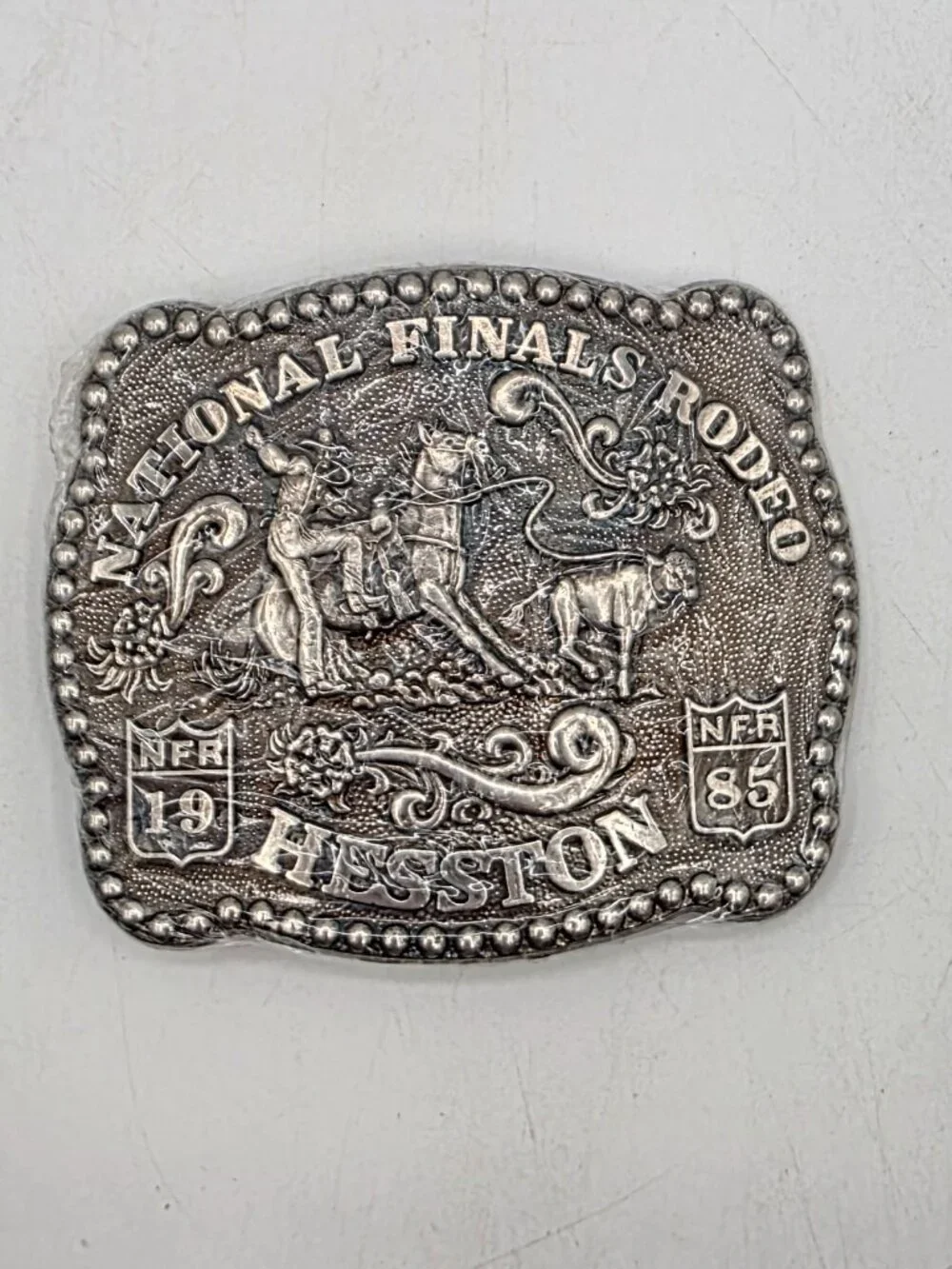 Vintage HESSTON NFR 1985 National Finals Rodeo Embossed Belt Buckle New Sealed